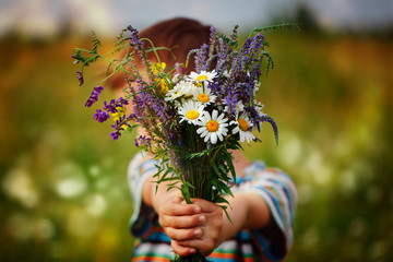 Fototapeta premium Małe dziecko chłopiec mienia bukiet kwiatów pole. Dziecko daje kwiaty