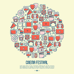 Cinema festival concept in circle with thin line icons related to film. Vector illustration for banner, web page, announcement.