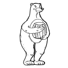 Big bear with a barrel. Hand drawn graphic illustration with animal character for prints and designs.