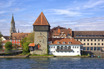 View to the Rheintorturm, city wall of Konstanz at Lake Constance