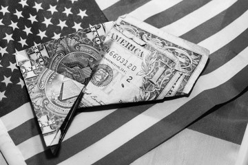 american dollars bills on flag background