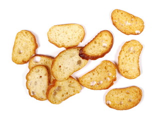 Cheese rusks with wholewheat flour, bread isolated on white background, top view
