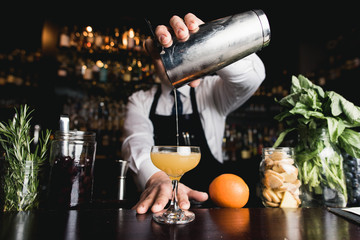 Bartender pouring cocktail - obrazy, fototapety, plakaty