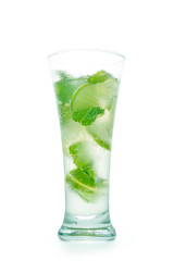 Mojito cocktail in wet misted glass. Green drink, lime, ice, foam and bubbles with clipping path