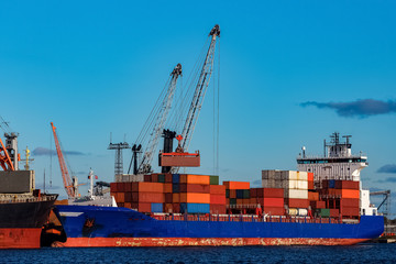 Blue container ship