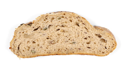 Whole wheat bread slice without additives, isolated on white background, top view