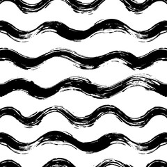 Vector seamless pattern with brush stripes and waves. Black color on white background. Hand painted grange texture. Ink geometric elements. Fashion modern style. Endless fabric print. Retro - 165729757