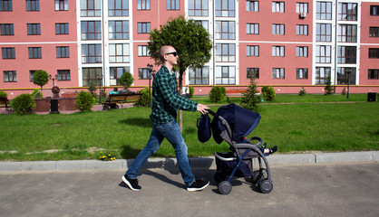 The father walks with the baby in the baby carriage in the park by the river