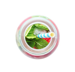 Glass bottle with tasty strawberry lemonade on white background