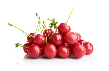 Fresh ripe cherries on white background