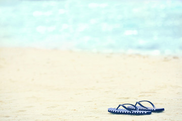 Flip-flops on sea shore. Summer vacation concept