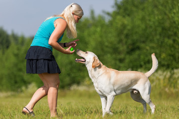 mature woman plays with a labrador outdoors