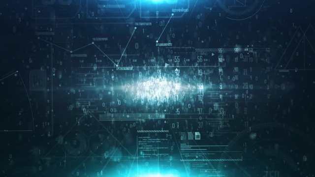 Abstract matrix cube surrounding a source of binary numbers and network Seamless looping Background 
