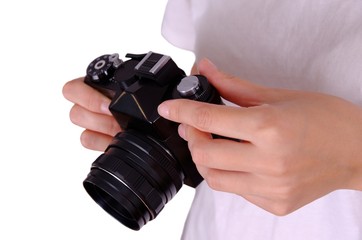 Classic 35mm old camera on white background.