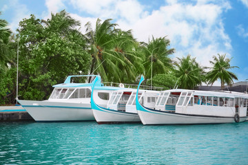 Berth with modern boats at tropical resort