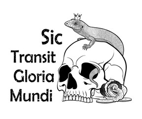 A black set of a skull, a lizard and a rose flower with a Latin aphorism, which reads - Thus passes the glory of the world. Vector drawing, isolated on background, for tattoo.