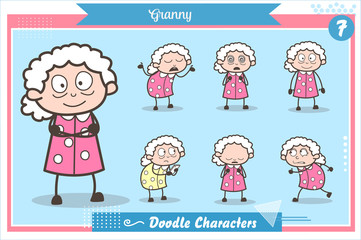 Cartoon Old Grandma Character Expressions and Actions Vector Set