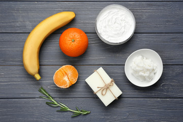 Beautiful composition with shea butter in jar on table