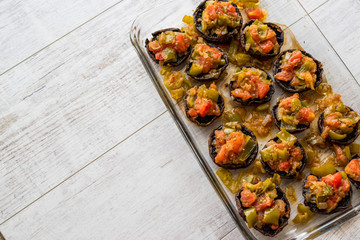 Baked Mushrooms stuffed with tomatoes and green pepper.