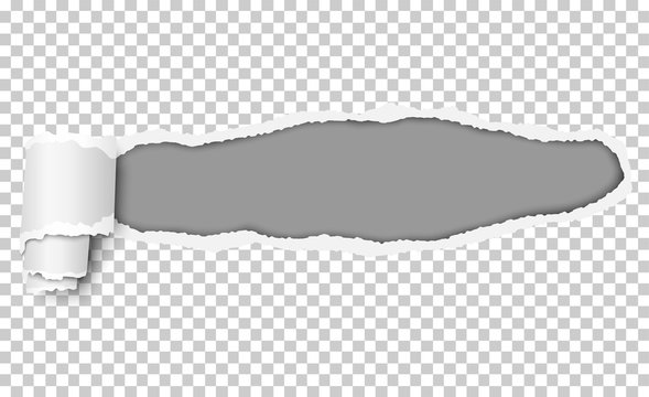 Vector dark gray backgroud for text or ad under snatched hole in transparent paper with torn edges and paper curl. Template design.