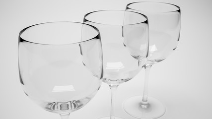 3d render of closeup of three wine glasses in row in monochrome
