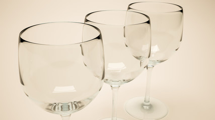 3d render of closeup of three wine glasses in row with warm light