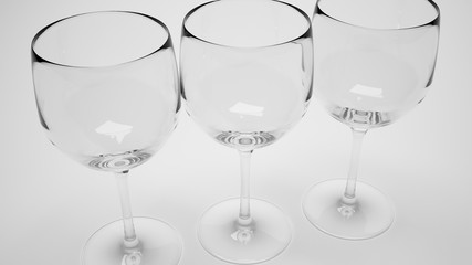 3d render of closeup of three wine glasses in monochrome