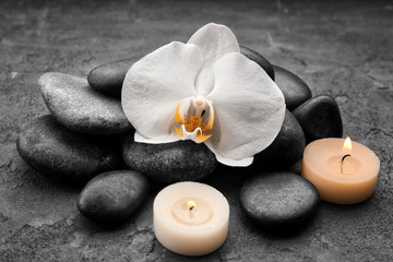 Fototapeta na wymiar Composition with beautiful white orchid and stones on grey background