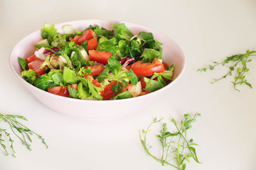 Vegetable salat with toppings such as mozzarella cheese, tomato, olive oil and spices