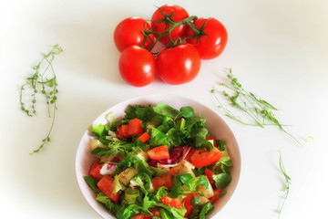 Vegetable salat with toppings such as mozzarella cheese, tomato, olive oil and spices