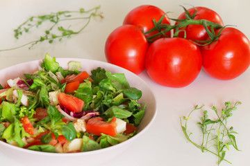 Vegetable salat with toppings such as mozzarella cheese, tomato, olive oil and spices