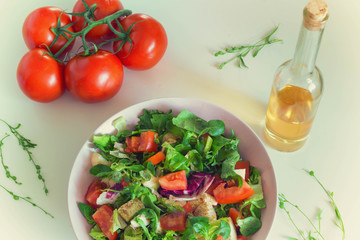 Vegetable salat with toppings such as mozzarella cheese, tomato, olive oil and spices