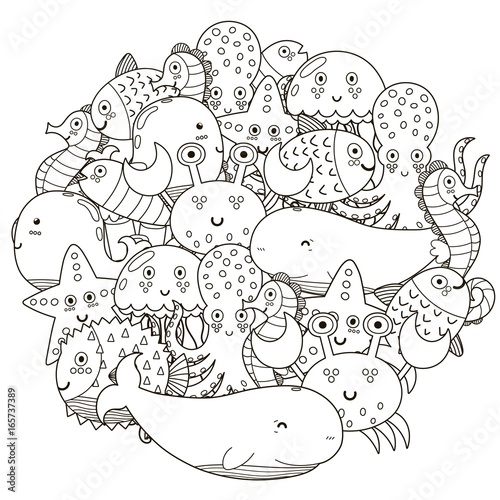 Underwater Circle Shape Pattern For Coloring Book Cute Sea Animals Vector Illustration