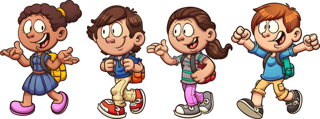 Kids walking and talking back to school. Vector clip art illustration with simple gradients. 
