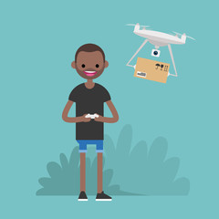 Drone delivery service. Young character controlling a drone with a remote controller / flat editable vector illustration, clip art