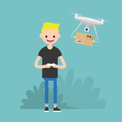 Drone delivery service. Young character controlling a drone with a remote controller / flat editable vector illustration, clip art