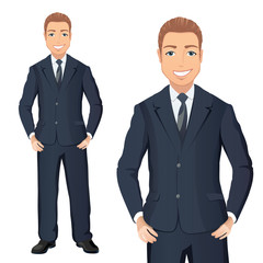Fototapeta premium Business man in suit standing, hands on hips, smiling. Full length portraits of elegant, handsome man in suit isolated on white background. Flat design. Vector cartoon illustration