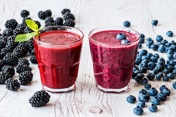 healthy drinks. smoothies with blackberry and blueberry with ingredients.