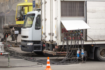 Power supply truck with lots of wires and power sockets