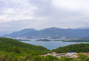Naklejka na ściany i meble panoramic view of kotor bay montenegro. adriatic fjord in cloudy weather
