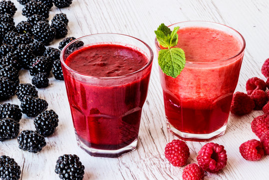 healthy drinks. smoothies with blackberry and raspberry with ingredients.