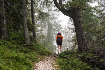 Young woman hiking in forest in dolomite mountains, Italy