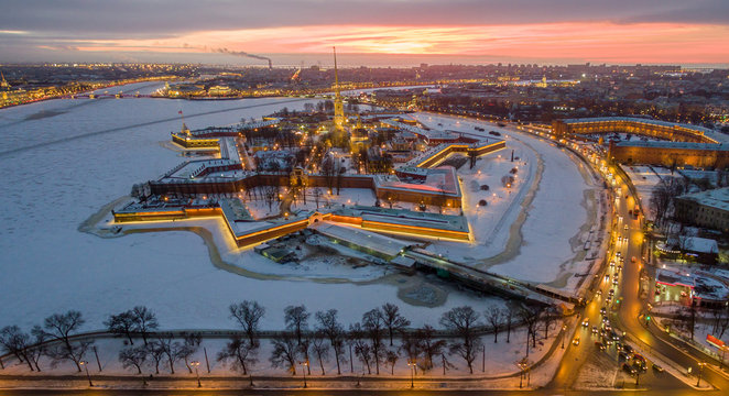 Aerial view, Peter and Paul Fortress, Neva river, Saint Petersburg, Russia