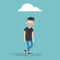 Young character weeping in the rain / flat editable vector illustration, clip art