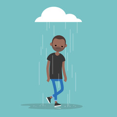 Young black character weeping in the rain / flat editable vector illustration, clip art