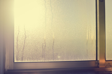 Blurred natural wet window fresh surface background, close up image