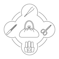 Woman's purse contents linear icons set