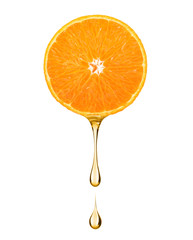 Juice in the shape of drop flowing from a slice of orange, on white background