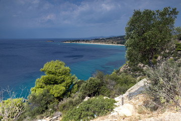 Panoramic view of Agios Ioannis Beach at Sithonia peninsula, Chalkidiki, Central Macedonia, Greece