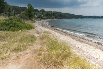 Panoramic view of Litheri Beach at Sithonia peninsula, Chalkidiki, Central Macedonia, Greece